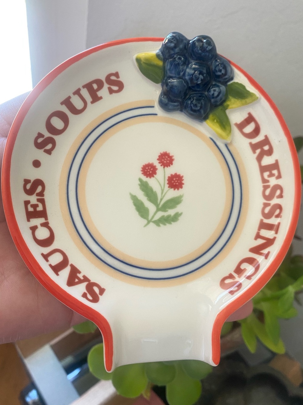 Anthropologie White Ceramic Spoon Rest with Blue Berry Accent and Red Trim